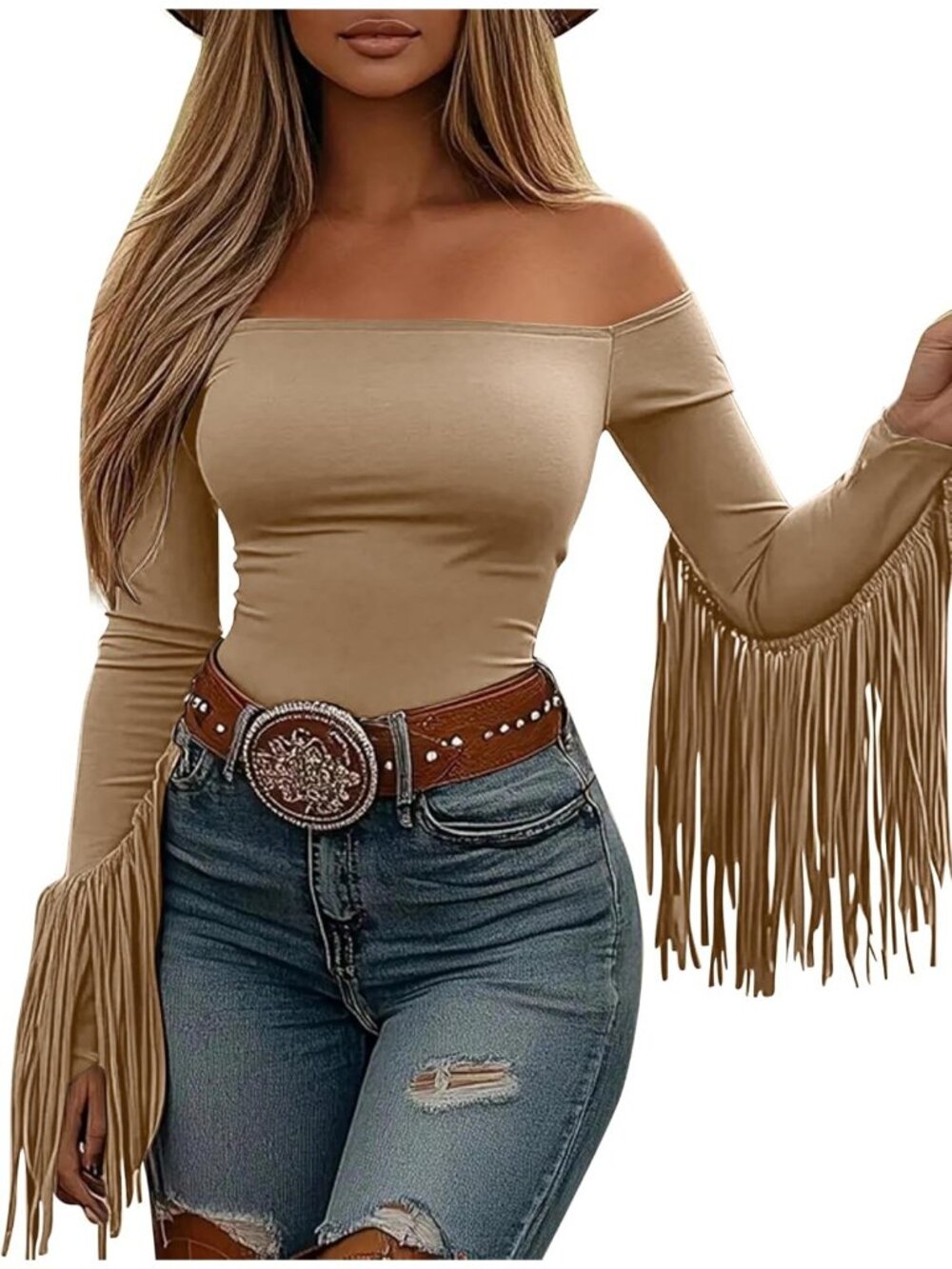 Women's Brown Stretchy Crop Off Shoulder Concert Cowgirl Fringe Tassel Blouses